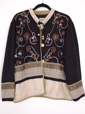 Coldwater Creek linen jacket boho art to wear floral embroidered mixed media